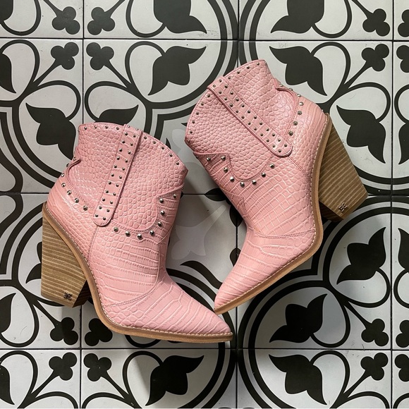 Sam Edelman Iris Pink Croc Leather Western Booties - Picture 2 of 6